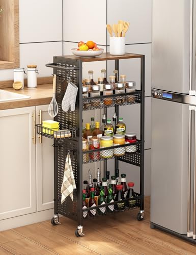 Slim Storage Rolling Cart: 4-Tier Narrow Metal & Wood Utility Cart with Wheels for Kitchen/Laundry/Bathroom(Black) - color: Black, size: 9.1