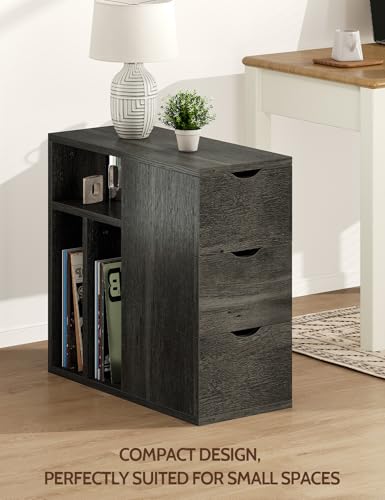 Narrow End Table with 3 Drawers, Wood Side Table with Storage Shelves for Living Room, Slim Sofa Side Table Nightstand for Bedroom (1, Black) - color: Classic Black