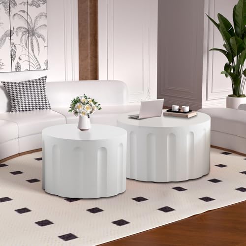 Nesting Coffee Table Set of 2 with Non-Slip Feet (White 26.8+19.7in) | Modern White Matte Spray Paint Accent End Table Set No Assembling for Living Room - color: White 26.8+19.7in