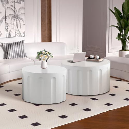 Nesting Coffee Table Set of 2 with Non-Slip Feet (White 26.8+19.7in) | Modern White Matte Spray Paint Accent End Table Set No Assembling for Living Room - color: White 26.8+19.7in