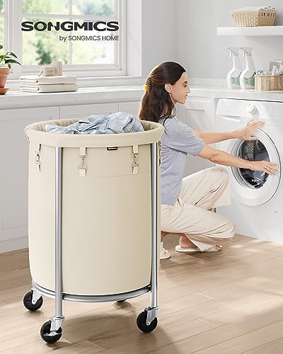 SONGMICS Laundry Basket, Rolling Steel Frame with 2 Locking Wheels, 110 L | Heavy-Duty Laundry Hamper Cart with Removable Bag, Cream White and Metallic Silver, URLS002W01 - color: Cream White + Metallic Silver, size: 110 L (1-Section)