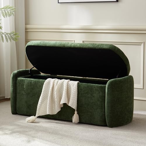 VKNOW Storage Bench, Upholstered Storage Ottoman Bench with Hinge, Green | Ottoman Bench with Large Capacity, Curved Frame, Soft Fabric, Storage Bench for Bedroom, Living Room, Entryway, Window - color: Green, size: 46.1"