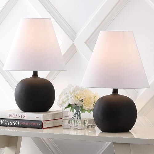 JONATHAN Y Asher 18.25" Gourd LED Table Lamp, Matte Black, Set of 2 | Scandinavian Minimalist Style, White Linen Shade, Resin Metal Base, Bedside Nightstand, Rotary Switch, LED Bulbs Included - color: Matte Black