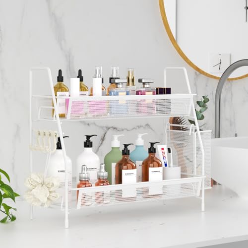 VITVITI 2 Tier Bathroom Countertop Organizer, Vanity Storage Shelf, White | Bathroom Counter Organizer, Vanity Makeup Tray Shelf, Kitchen Spice Rack, Metal Wire Mesh, with Basket Hooks - color: 2 Tier Large White
