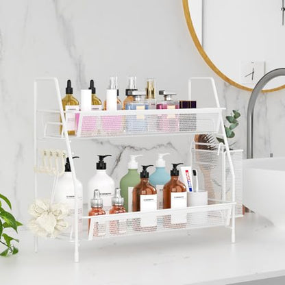 VITVITI 2 Tier Bathroom Countertop Organizer, Vanity Storage Shelf, White | Bathroom Counter Organizer, Vanity Makeup Tray Shelf, Kitchen Spice Rack, Metal Wire Mesh, with Basket Hooks - color: 2 Tier Large White