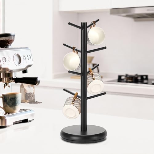 BAMBANG Mug Holder, 360° Rotating Mug Tree Holds 8 Coffee Cups, Space Saving Mug Rack with Stable Base for Kitchen Coffee Bar - color: Black