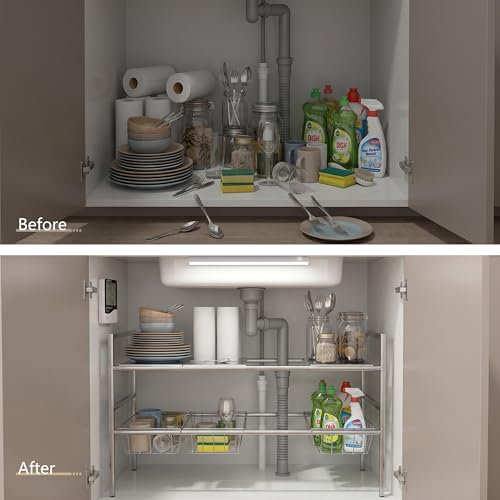 Under-Sink Organizer 2-Tier Expandable Cabinet Storage (4 panels 4 baskets) | LED Motion-Sensing Auxiliary Lighting Dial Thermometer Stainless Steel Telescopic & Adjustable Rust-Resistant - size: 4 panels 4 baskets