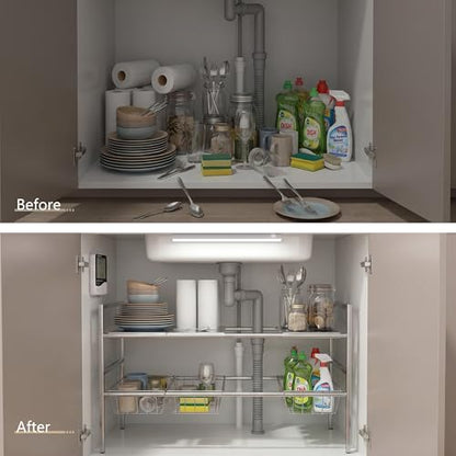 Under-Sink Organizer 2-Tier Expandable Cabinet Storage (4 panels 4 baskets) | LED Motion-Sensing Auxiliary Lighting Dial Thermometer Stainless Steel Telescopic & Adjustable Rust-Resistant - size: 4 panels 4 baskets