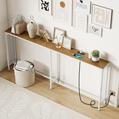 GIANTEX 71" Narrow Console Table with 2 Power Outlets and USB-C Ports | Sofa Table w/ Charging Station & Metal Frame, Skinny Behind Couch Tables, Long Entryway Tables for Living Room, Natural+White - color: Natural + White