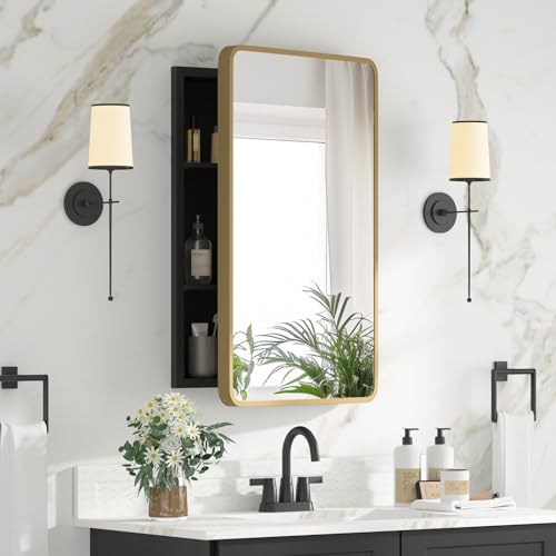 Bathroom Medicine Cabinet with Mirror 16 x 24 Inch, Brush Gold Medicine Cabinet Recessed or Surface Wall-Mounted, Mirrored Cabinets with 2 Adjustable Shelves for Bathroom Vanity - color: Gold, size: 16*24inch