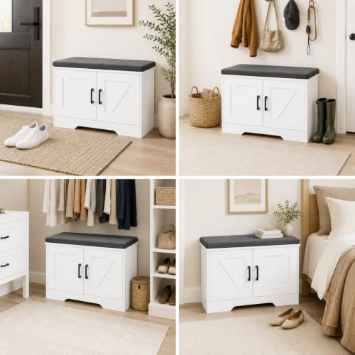 DUMOS 28" Shoe Storage Bench, Entryway Shoe Organizer Cabinet with Padded Seat Cushion, Adjustable Shelf and 2 Doors, Compact Storage Bench for Small Spaces, Hallway, Bedroom, Living Room, White - size: 28 inches