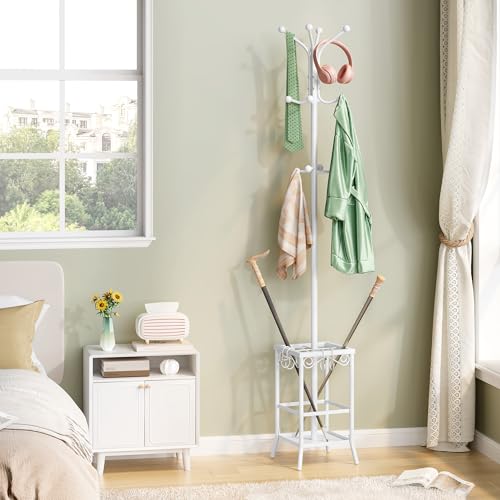 Hoctieon Coat Rack Freestanding, Coat Tree with Umbrella Holder, Metal Coat Rack Stand with 12 Hooks, Standing Coat Hanger Stand, Umbrella Stand for Entryway, Hat Rack Stand for Home Office, White | Metal Coat Rack Stand with 12 Hooks, Standing Coat Hange