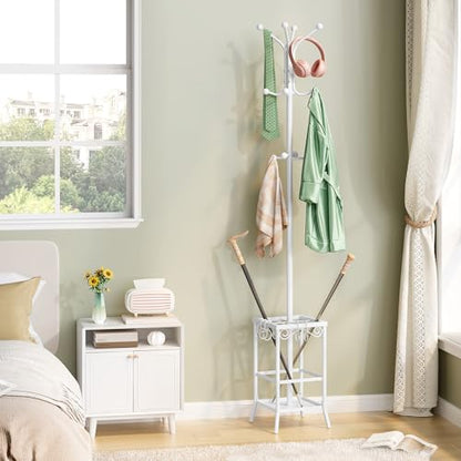 Hoctieon Coat Rack Freestanding, Coat Tree with Umbrella Holder, Metal Coat Rack Stand with 12 Hooks, Standing Coat Hanger Stand, Umbrella Stand for Entryway, Hat Rack Stand for Home Office, White | Metal Coat Rack Stand with 12 Hooks, Standing Coat Hange