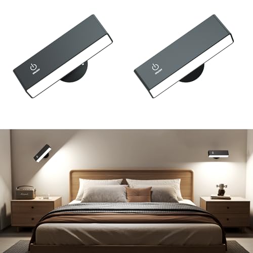 Wireless Wall Sconces 2 Pack, Rechargeable Reading Light for Bed Dimmable | Adhesive Wall Lights for Bedroom with Magnetic & 360 Rotation, Peel and Stick Lights for Wall Bedside, Reading - color: Black