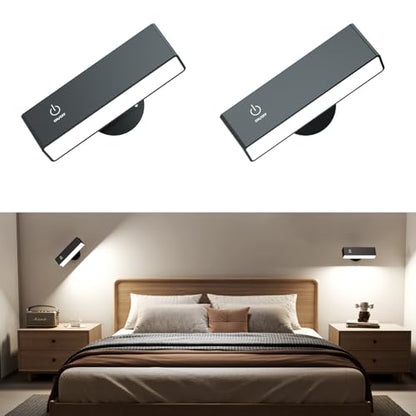 Wireless Wall Sconces 2 Pack, Rechargeable Reading Light for Bed Dimmable | Adhesive Wall Lights for Bedroom with Magnetic & 360 Rotation, Peel and Stick Lights for Wall Bedside, Reading - color: Black
