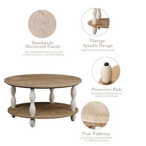 karlott Farmhouse Coffee Table, Tray Round Coffee Tables for Living Room | Solid Wood Veneer Tabletop, Pine Legs & Storage Shelf, Tray Tabletop, Rustic Boho Center Table, Easy Assemble for Living Room - size: 2 Tier Tray Coffee Table 30.3 Inches