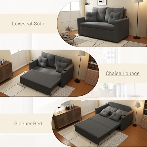 Krcix 3 in 1 Sofa Bed, 56" Pull Out Couch, Convertible Loveseat Sleeper | Sleeper Sofa with Cup Holder, Storage Pocket, USB, Family Couches for Living Room, Bedroom, Apartment, Dark Grey
