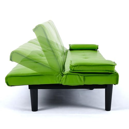 67" Futon Sofa Bed, Convertible Leather Futon Couch (Green) | Sleeper Bed Couches with Adjustable Backrest, Cup Holders, Comfy Folding Loveseat Couch for Small Spaces Living Room Office - color: Green