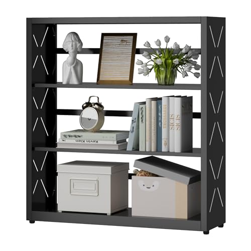 SteeLoong 3 Tier Bookcase,Metal Bookshelf with Adjustable Feet & Shelves | 34"H Black Book Shelf with Bookends,Small Bookcase for Small Places,Modern Open Bookshelf for Home Office,Kitchen,Garage - color: Black, size: 3-Tier 31"W