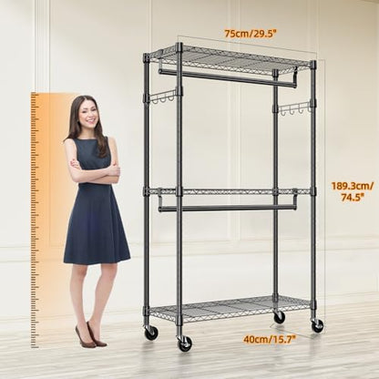 M MZG Heavy Duty Rolling Garment Rack 3 Tiers Adjustable Wire Shelving Clothes Rack with 2 Rods and Side Hooks,Storage Closet Clothing Rack with Wheels Black 15.7" D x 29.5" W x 74.5" H - color: Black, size: 3 Tier with 2 rod, 15.7"D x 29.5"W x 74.5"H