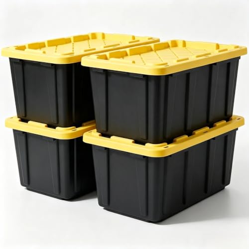 4 Pack 17 Gallon Stackable Lockable Storage Bins with Lids, Black & Yellow | Thickened durable plastic, nestable empty design, built-in ergonomic handles, multi-scene indoor outdoor storage use