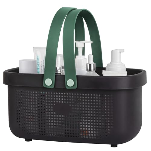 Portable Shower Caddy Basket with Handle Plastic Storage Basket Black Green | Sturdy Drainage Large Capacity Organizer Basket with Silicone Handles for Bathroom Kitchen Bedroom College Dorm Essentials - color: Black Green, size: Large