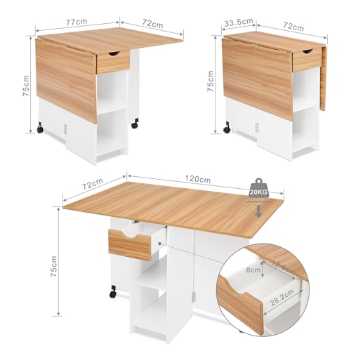 Mondeer Folding Dining Table, Drop Leaf Kitchen Table with 1 Drawer and 2 Open Storage Shelves Small Space Dining Room Kitchen Modern (White & Red Oak) | Storage Drawer and Open Shelves, Rolling Casters, for Small Space Kitchen Flat Dining Room, Red Oak a