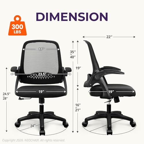 NEO CHAIR Office Desk Chair, Ergonomic Mesh with Flip-Up Armrests, Black | Lumbar Support, Height Adjustment, 360° Swivel and Rolling Base, Space-Saving Design for Home Office, Vanity or Study - color: Black