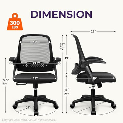 NEO CHAIR Office Desk Chair, Ergonomic Mesh with Flip-Up Arms, All Black | Lumbar Support, Height Adjustment, 360° Swivel and Rolling Base, Space-Saving Design for Home Office, Vanity or Study - color: All Black