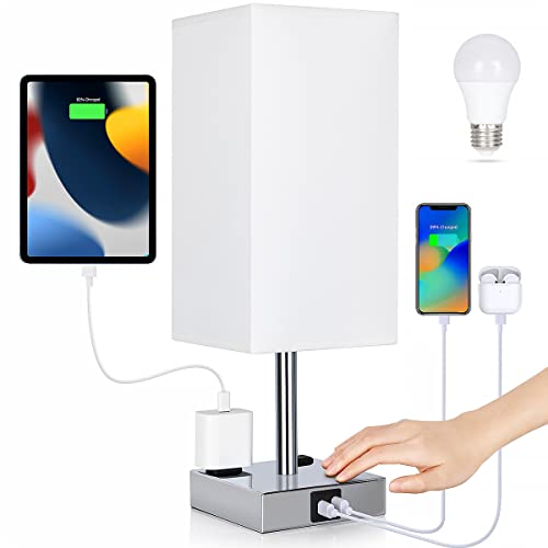 Bedside Lamp with USB Ports - Touch Control Table Lamp for Bedroom with USB C+A Charging Ports & AC Outlets, 3 Way Dimmable Nightstand Light for Living Room (LED Bulb Included, Chrome - White) - color: Chrome - White