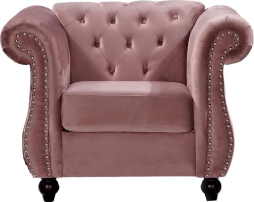 GDFStudio 40.6" Modern Velvet Accent Chair, Chesterfield Upholstered Lounge Chair with Rolled Arms, Comfy Single Sofa Chair with Button Tufted Back & Wood Tapered Legs for Living Room Bedroom, Rose - color: Rose, size: 1 Seat