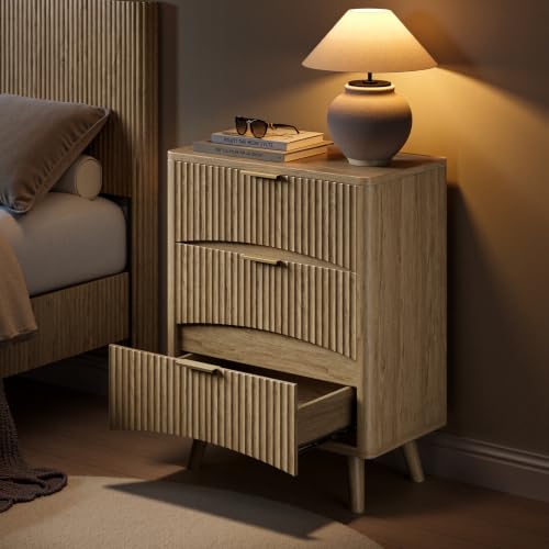 Evermagin 29" Tall Fluted Nightstand Set of 2 with 3 Drawers | Oak Night Stand,Wooden Bedside Table, Mid Century Modern Side Table for Bedroom, livingroom - color: Oak, size: 13.78"D x 23.62"W x 29.35"H (3 Drawers)