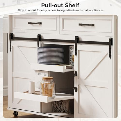IRONCK Kitchen Island with Storage, Rolling Kitchen Island Cart with Drop Leaf Countertop and Pull-Out Shelf, Barn Doors, for Dining Room, Home Bar, White