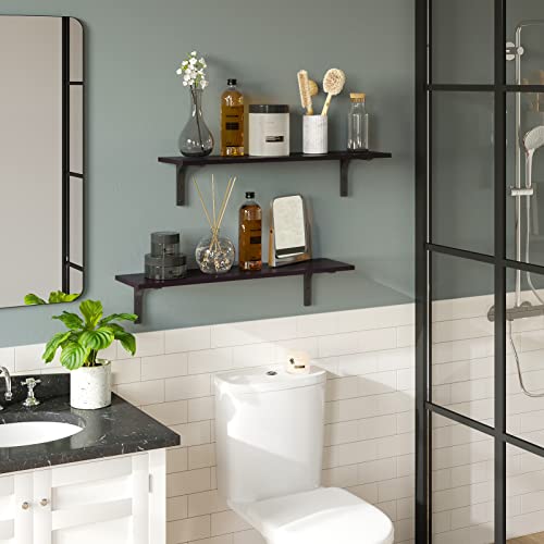 Long Wall Shelves, 31.5Inch Wooden Wall Mounted Shelves, Set of 2 | Floating Book Shelves, Metal Brackets, Easy Assembly, Max Load 22lbs, Wall Storage Ledges, Bedroom/Bathroom/Kitchen, Espresso - color: Espresso, size: 31.5 Inch