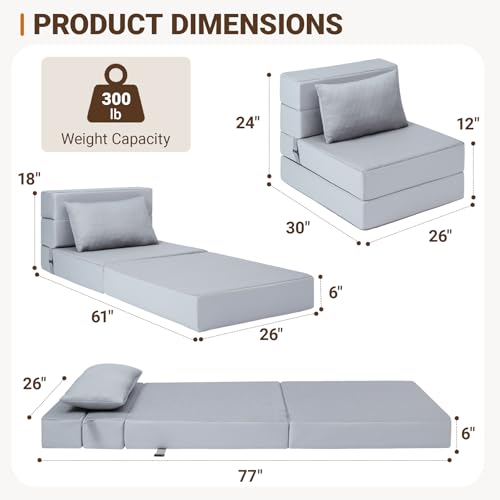 Folding Sofa Bed, Boneless Foldable Chair, Convertible Futon Sleeper Couch | Single Lazy Floor Lounger Sofa Couch for Small Spaces, Dorm, Guest Room, Living Room, Apartment, Grey - size: Single