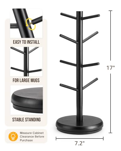 Lorbro Coffee Mug Tree, 360° Rotating Wooden Mug Holder with 8 Hooks | Large Mug Friendly, Space-Saving Display, Stable Wooden Base, Easy Assembly, Coffee Bar, Kitchen Counter, Gift Ready - size: Rotatable