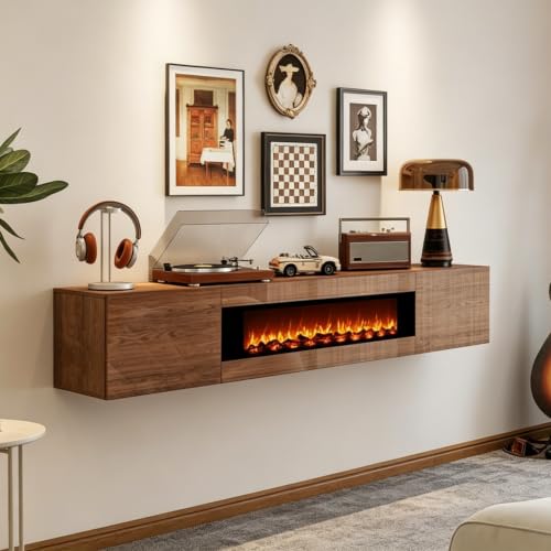 EAG 70'' Floating TV Stand with Fireplace, Modern Wall Mounted Entertainment Center with Storage for TVs Up to 80", High Gloss Media TV Console for Living Room, Decorative Faux Fireplace, Brown