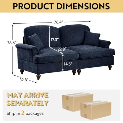 Modular Loveseat Sofa Couch, 2 Seat Comfy Farmhouse Chenille Sofa with Removable Ruffled Skirt, Flared Armrests, Sturdy Legs, Convertible Loveseat for Living Room, Bedroom, Apartment (Blue) - color: Blue, size: 76.4 Inch