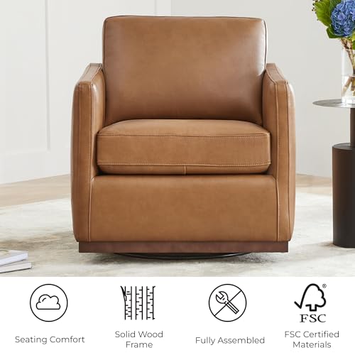 CHITA Genuine Leather Swivel Chair, Wood Frame, Fully Assembled, Saddle | Leather Arm Chair with 360° Swivel Solid Wood Base, Mid Century Modern Living Room Chair, 33"Dx30"Wx33"H, 300 Lb Capacity - color: Saddle
