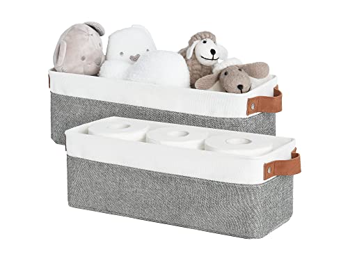 StorageWorks Narrow Storage Bins, Small Baskets, Grey and White, 2-Pack | With Metal Frame, Sturdy Structure, PU Handles, Toilet Paper Storage, Long Storage Bins for Bathroom, Closet, Shelf - color: Grey and White, size: 15"L x 6"W x 5"H