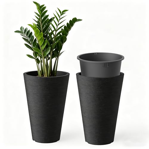 Kante 2-Pack All-Weather 13" H Round Tapered Black Plastic Planters | Tall Set of 2, Lightweight, Indoor & Outdoor Use, Modern Home, Garden, Weather-Resistant, Nursery Pot & Tall Outer Cachepot - color: Brunish Black, size: 13" H