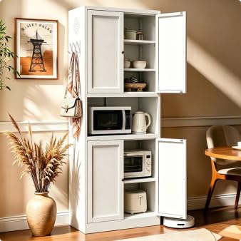 AQY Metal Pantry Cabinet, 72" White Kitchen Storage Cabinet with Doors | Microwave Stand 3 Adjustable Shelves Freestanding Storage Metal Cabinet Kitchen Organization - color: White, style: H72" - 4 Doors Wire Hole Hooks & Vents