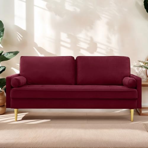 65" Love Seat Sofa, Velvet Small Sofa Small Couch for Bedroom Living Room, Bedroom, Loveseat with 2 Pillows, Gold Legs, Modern Tufted Seat Upholstered Seating for Office, Apartment (Red) - color: Red