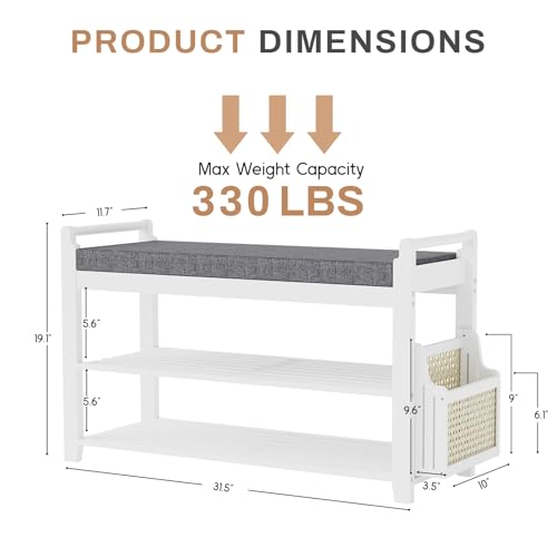 Homaxy 2-Tier Shoe Rack Bench, 31.5 in, White and Dark Grey | Bamboo Entryway Bench, with Side Holder, Shoe Rack Organizer with Cushion for Front Entrance, Hallway Living Room Bedroom - color: White and Dark Grey, size: 31.5 in