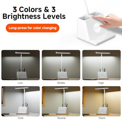 Desk Lamp with Fast Wireless Charger, College Dorm Room Table Light | 18 in, Adjustable LED, White, Small, Cute, for Home Office, with Charging Station, Pencil Holder