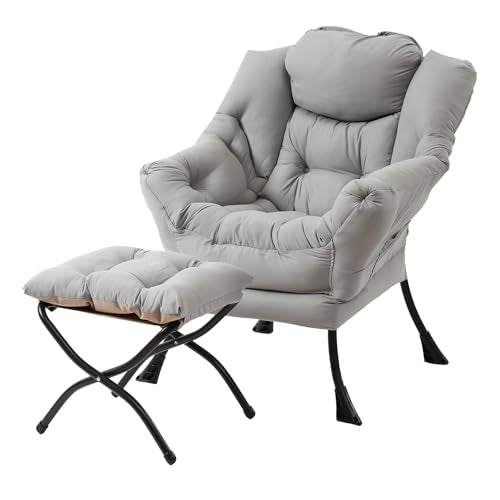 Welnow Lazy Chair with Ottoman, Reading Chair with Footrest,Light Grey | A Side Pocket,Armrests,Foldable Footrest,Thick Cushioned Seat & Backrest, Lounge Chair for Bedroom,Living Room & Small Space - color: Light Grey
