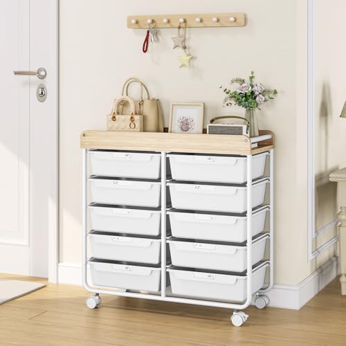 10 Drawers Rolling Cart with Wooden Tabletop, Utility Storage Cart with Wheels, Art Supply Craft Organizer on Wheel with Metal Frame & Handles for Home Office School (Pure White) - color: Pure White