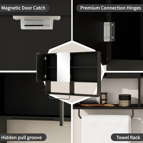 Bathroom Wall Cabinet with Mirror & Towel Bar, Black - color: Black-with Mirror