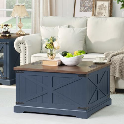 Joaxswe Farmhouse Coffee Table with Large Hidden Storage Compartment, Navy Blue Square Center Table, Wood Rustic Low Modern Living Room Tables with Hinged Lift Brown Top & Wooden Arc Base - color: Blue, style: With Base