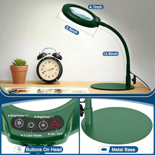 IVMAIE 12X Magnifying Glass with Light, Real Glass Lens, 5 Color Modes Dimmable, Flexible Gooseneck Lighted Magnifier with Stand, LED Desk Lamp Hands Free for Crafts Painting Reading Close Work, Green - color: Green